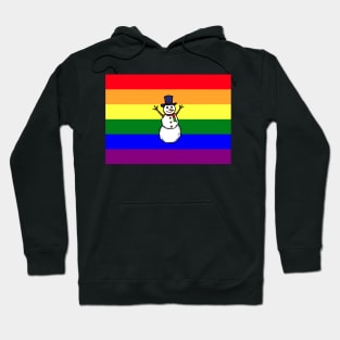 A hand drawn of a gay snowman on rainbow pride flag background, Hoodie